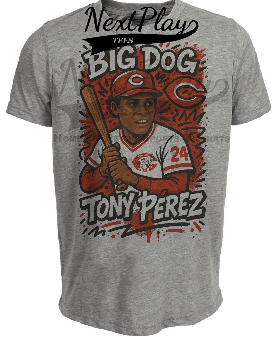 Cincinnati Reds Tony Perez Big Dog Exclusive Caricature Baseball Artwork  Heather Gray Sublimated T-Shirt - Next Play Tees, image size:1113x1357
