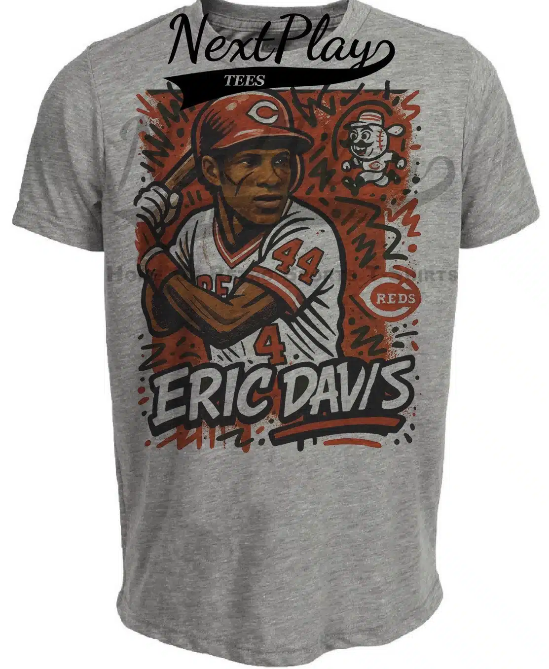 Cincinnati Reds Eric Davis Exclusive Caricature Baseball Artwork Heather Gray Sublimated T-Shirt