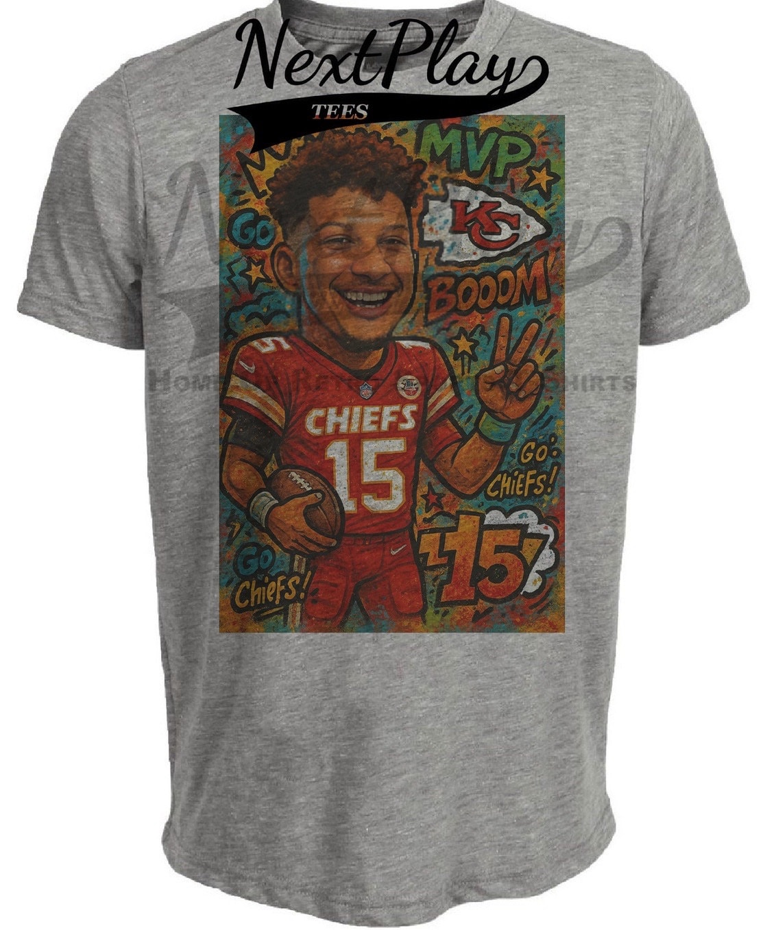 Kansas City Chiefs Patrick Mahomes Exclusive Caricature Football Artwork Heather Gray Sublimated T-Shirt