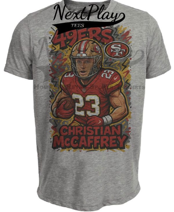 San Francisco 49ers Christian McCaffrey Exclusive Caricature Football Artwork Heather Gray Sublimated T-Shirt