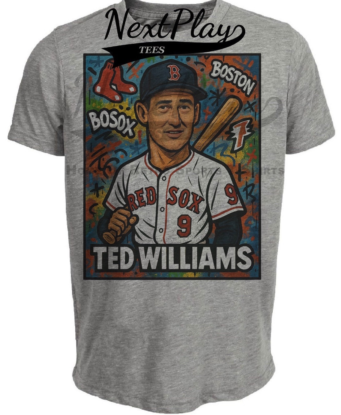 Boston Red Sox Ted Williams Exclusive Graffiti Baseball Artwork Heather Gray Sublimated T-Shirt