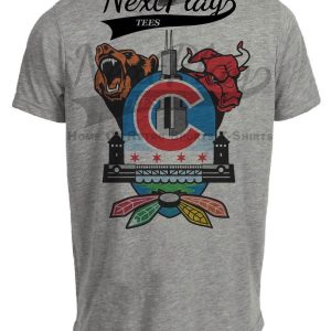 Chicago Bulls Bears Cubs Blackhawks Retro Football Baseball Basketball Hockey Artwork Heather Gray Sublimated T-Shirt