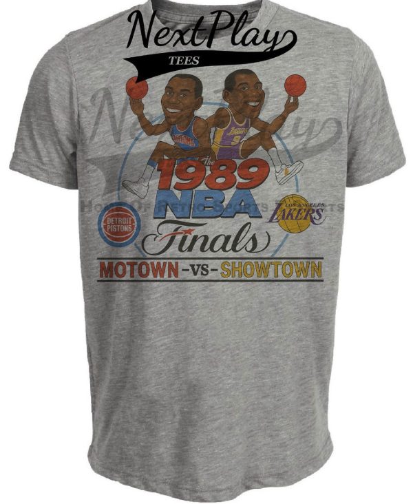 Detroit Pistons Isiah Thomas vs. Los Angeles Lakers Magic Johnson Playoff Finals Exclusive Retro Basketball 1989 Artwork Heather Gray Sublimated T-Shirt