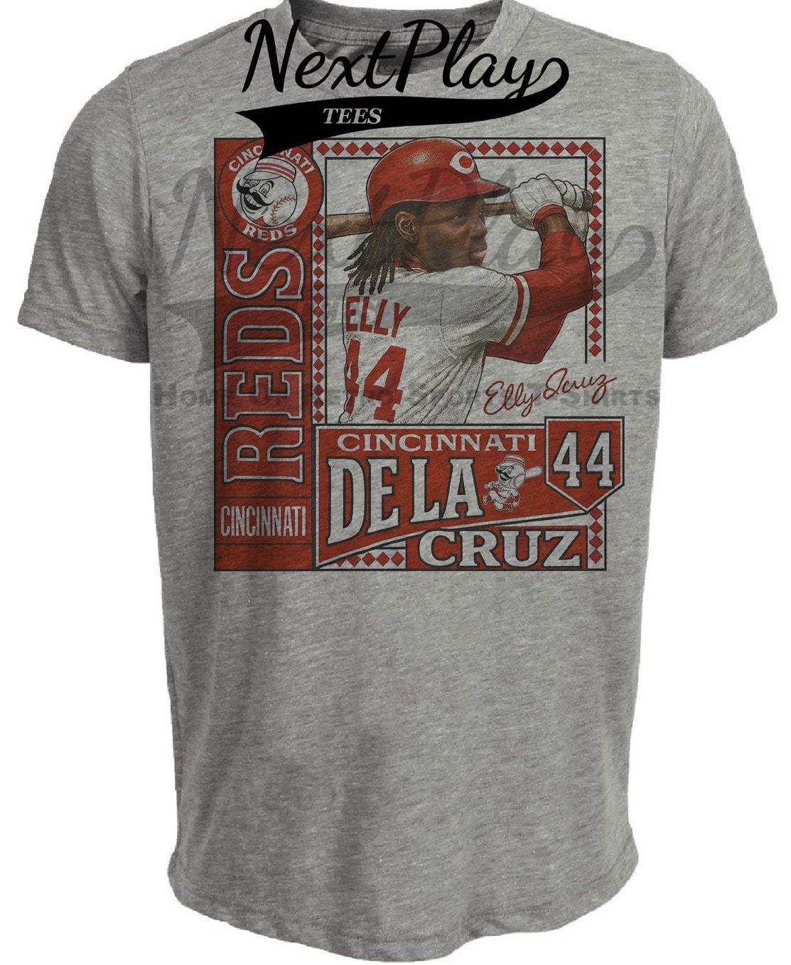 Cincinnati Reds Elly De La Cruz Exclusive Baseball Artwork Heather Gray Sublimated T-Shirt