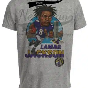 Baltimore Ravens Lamar Jackson Exclusive Retro Football City Artwork Heather Gray Sublimated T-Shirt