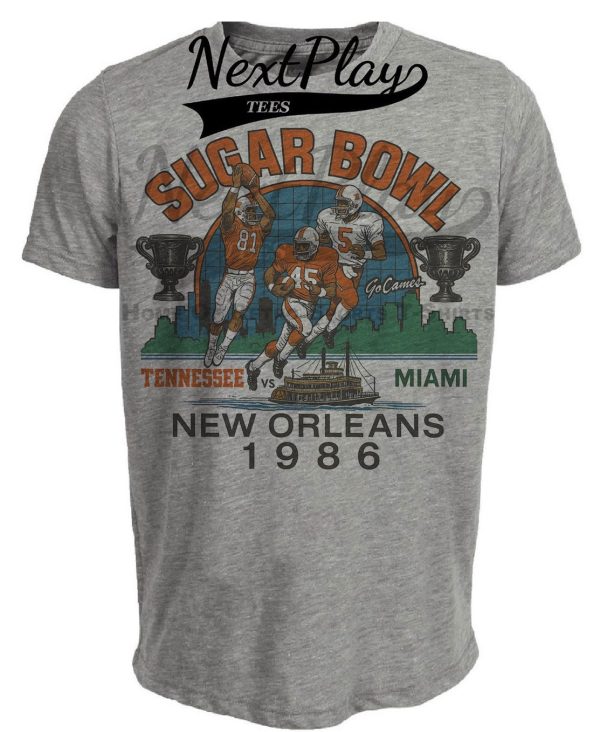 Sugar Bowl Tennessee Volunteers vs. Miami Hurricanes Retro Football 1986 Artwork Heather Gray Sublimated T-Shirt
