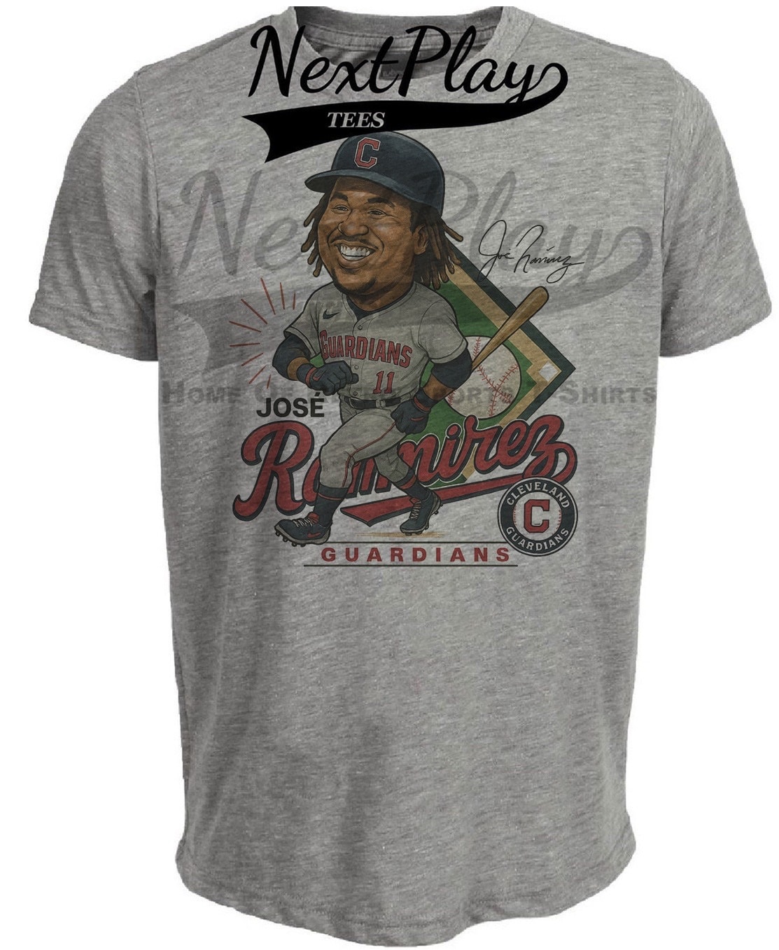 Cleveland Indians Jose Ramirez Exclusive Retro Baseball Caricature Artwork Heather Gray Sublimated T-Shirt