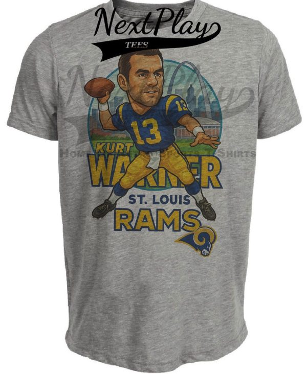 St. Louis Rams Kurt Warner Exclusive Retro Football City Artwork Heather Gray Sublimated T-Shirt