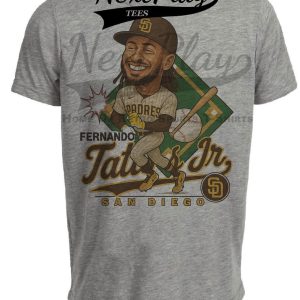 San Diego Padres Fernando Tatis Jr. Exclusive Retro Baseball Caricature Artwork Heather Gray Sublimated T-Shirt