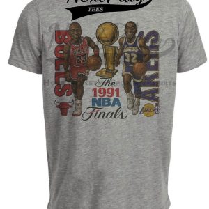 Chicago Bulls Michael Jordan vs. Los Angeles Lakers Magic Johnson Retro Finals Basketball 1991 Artwork Heather Gray Sublimated T-Shirt