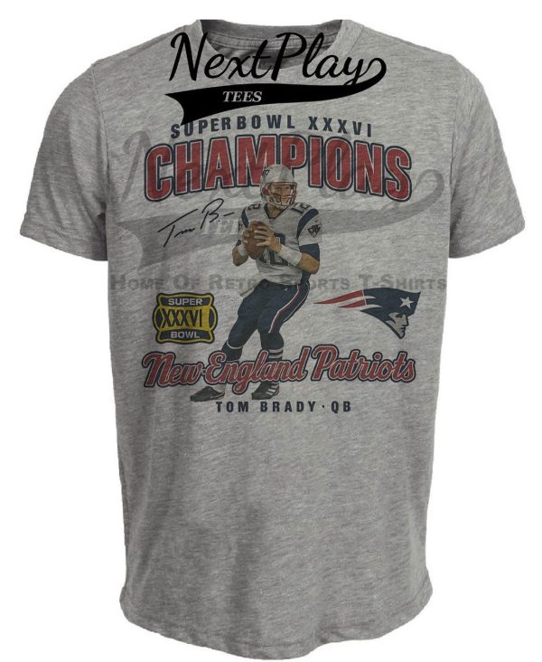 New England Patriots Tom Brady Super Bowl Champs XXXVI Retro Football Artwork Heather Gray Sublimated T-Shirt
