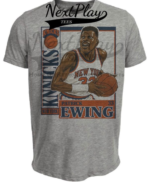 New York Knicks Patrick Ewing Exclusive Retro Basketball 1985 Artwork Heather Gray Sublimated T-Shirt