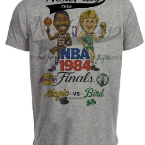 Boston Celtics vs. Los Angeles Lakers Retro Rivalry Bird Magic Finals Basketball 1984 Artwork Heather Gray Sublimated T-Shirt