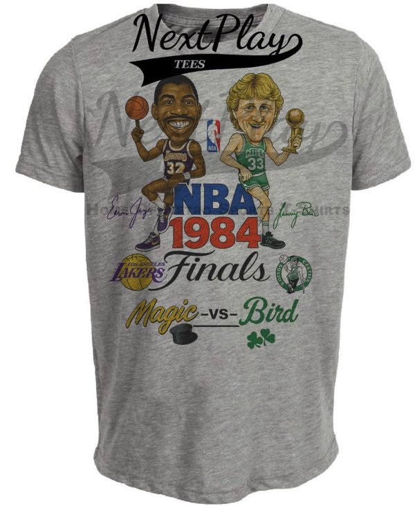 Boston Celtics vs. Los Angeles Lakers Retro Rivalry Bird Magic Finals Basketball 1984 Artwork Heather Gray Sublimated T-Shirt