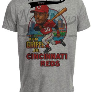 Cincinnati Reds Ken Griffey Jr. Exclusive Retro Baseball City Artwork Heather Gray Sublimated T-Shirt