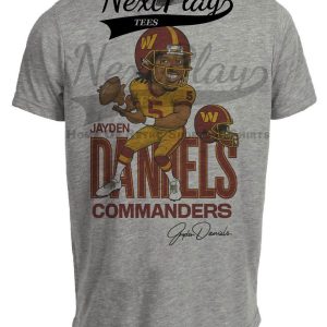Washington Commanders Jayden Daniels Retro Football Artwork Heather Gray Sublimated T-Shirt