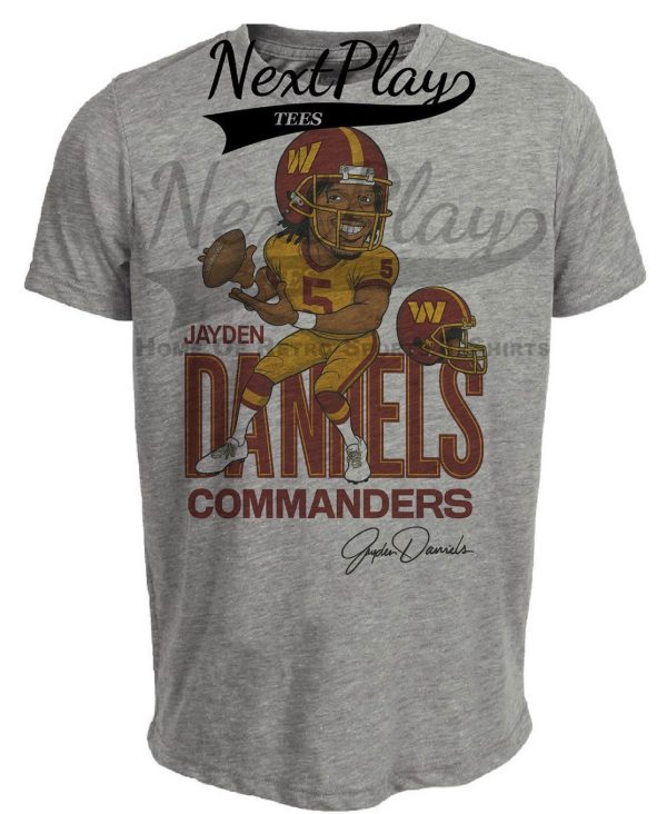Washington Commanders Jayden Daniels Retro Football Artwork Heather Gray Sublimated T-Shirt