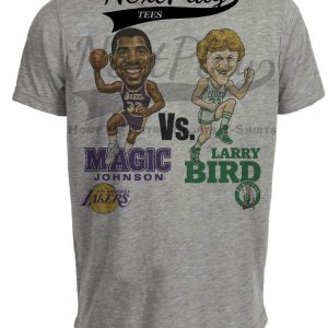 Los Angeles Lakers Magic Johnson vs. Boston Celtics Larry Bird Retro Basketball 1987 Artwork Heather Gray Sublimated T-Shirt
