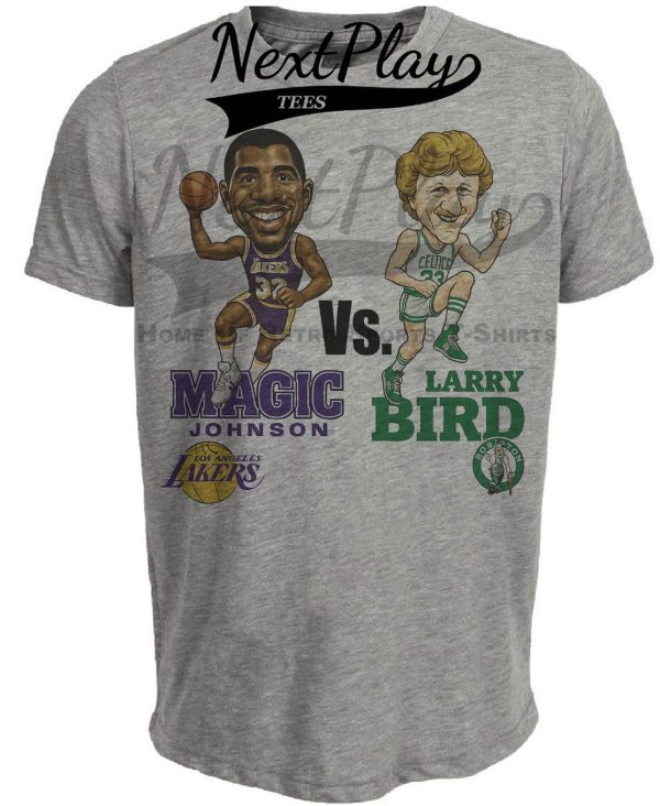 Los Angeles Lakers Magic Johnson vs. Boston Celtics Larry Bird Retro Basketball 1987 Artwork Heather Gray Sublimated T-Shirt