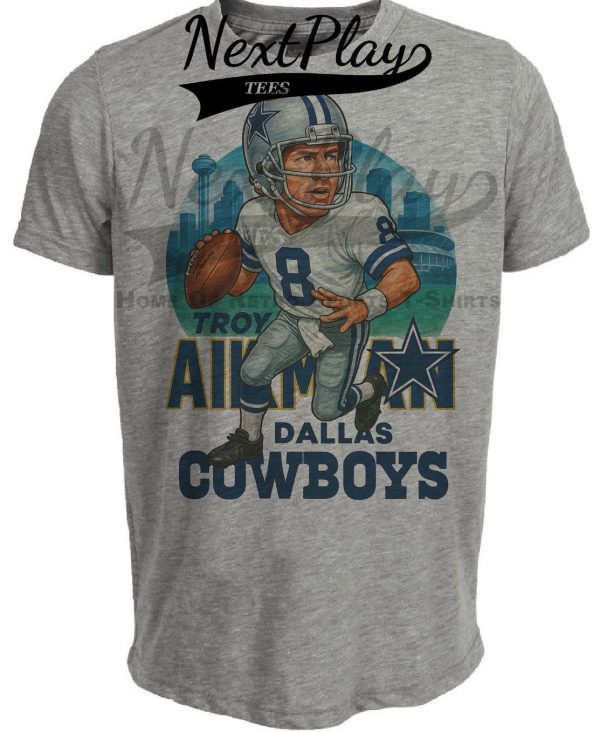 Dallas Cowboys Troy Aikman Exclusive Retro Football City Artwork Heather Gray Sublimated T-Shirt