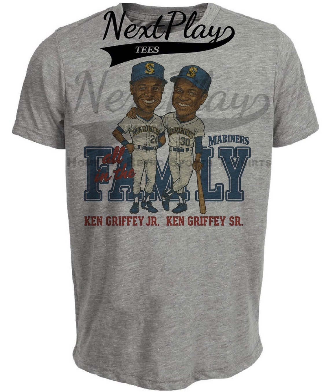Seattle Mariners Ken Griffey Jr. & Sr. Family Retro Baseball Artwork Heather Gray Sublimated T-Shirt