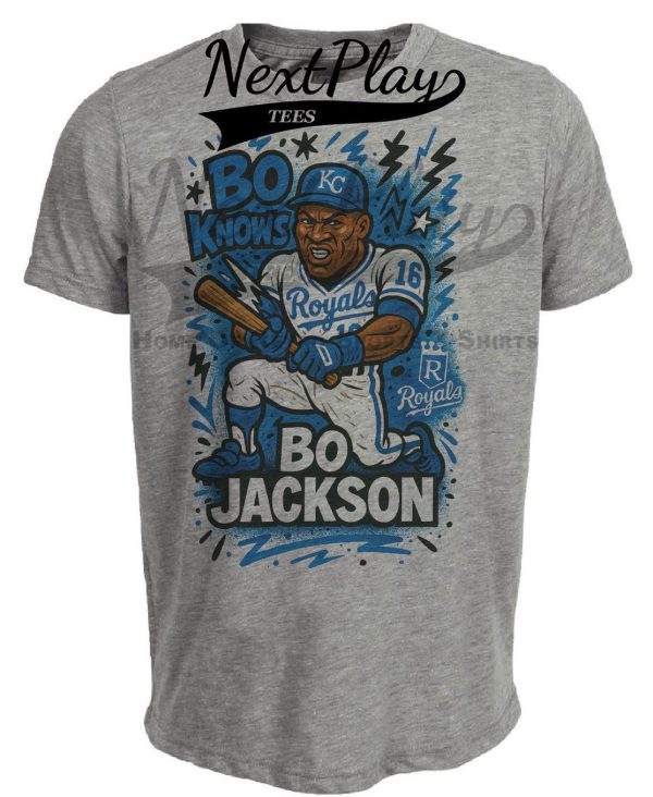 Kansas City Royals Bo Jackson Retro Baseball Bo Knows Artwork Heather Gray Sublimated T-Shirt