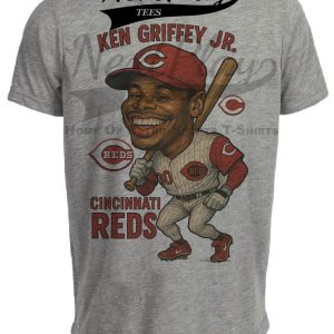 Cincinnati Reds Ken Griffey Jr. Caricature Exclusive Retro Baseball Artwork Heather Gray Sublimated T-Shirt