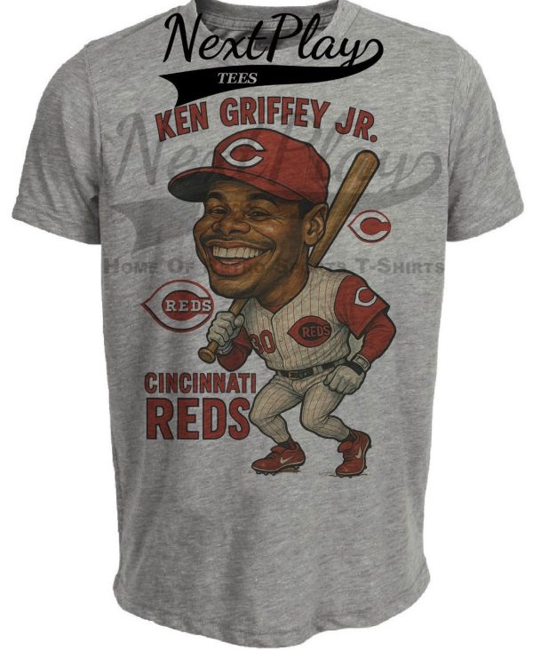 Cincinnati Reds Ken Griffey Jr. Caricature Exclusive Retro Baseball Artwork Heather Gray Sublimated T-Shirt