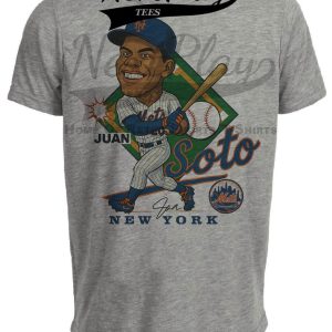 New York Mets Juan Soto Exclusive Retro Baseball Caricature Artwork Heather Gray Sublimated T-Shirt