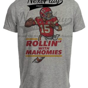 Kansas City Chiefs Patrick Mahomes Rollin With Mahomies Retro Football Artwork Heather Gray Sublimated T-Shirt