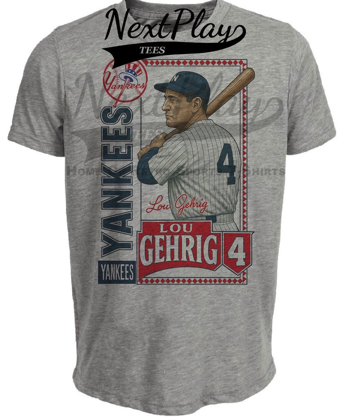 New York Yankees Lou Gehrig Exclusive Retro Baseball Artwork Heather Gray Sublimated T-Shirt