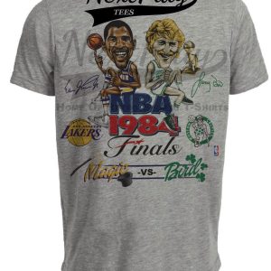 Boston Celtics vs. Los Angeles Lakers Retro Rivalry Larry Bird Magic Johnson Rare Finals Basketball 1984 Artwork Heather Gray Sublimated T-Shirt