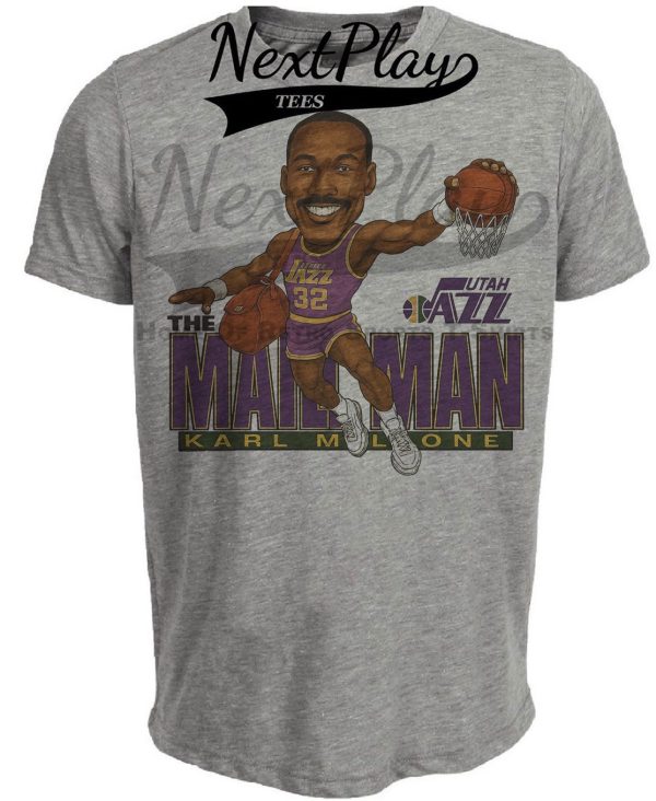 Utah Jazz Karl Malone The Mailman Retro Basketball 1990 Artwork Heather Gray Sublimated T-Shirt