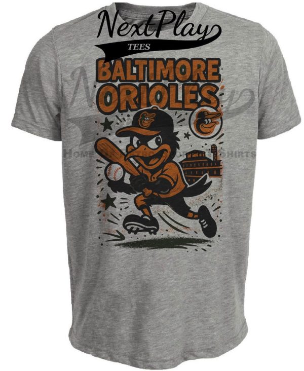 Baltimore Orioles Mascot Exclusive Retro Baseball Artwork Heather Gray Sublimated T-Shirt