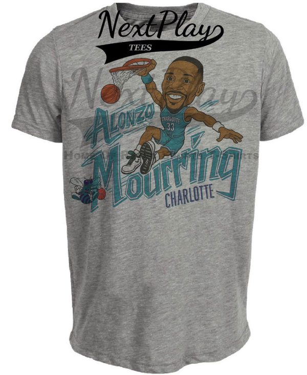 Charlotte Hornets Alonzo Mourning Retro Basketball 1993 Artwork Heather Gray Sublimated T-Shirt