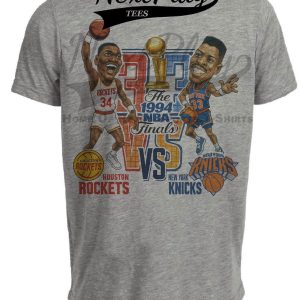 Houston Rockets Hakeem Olajuwon vs. New York Knicks Patrick Ewing Finals Retro Basketball 1994 Artwork Heather Gray Sublimated T-Shirt