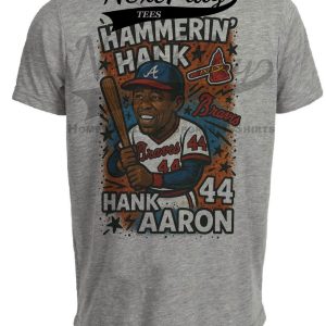 Atlanta Braves Hammerin’ Hank Aaron Exclusive Retro Baseball Graffiti Artwork Heather Gray Sublimated T-Shirt