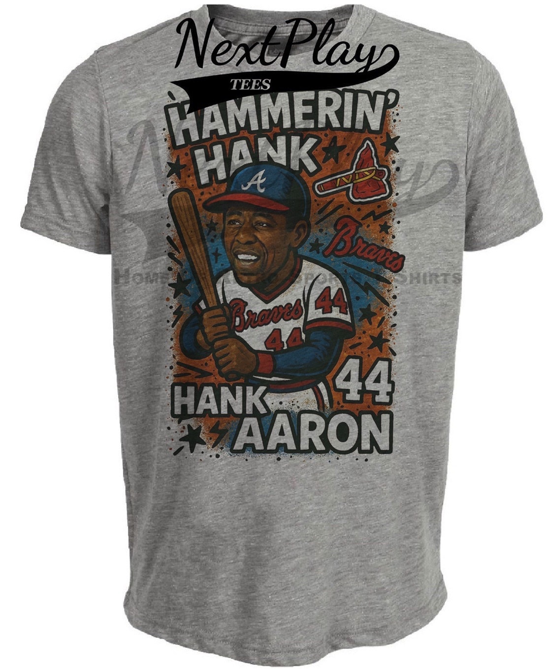 Atlanta Braves Hammerin’ Hank Aaron Exclusive Retro Baseball Graffiti Artwork Heather Gray Sublimated T-Shirt