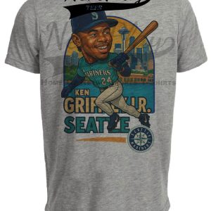 Seattle Mariners Ken Griffey Jr. Exclusive Retro Baseball City Artwork Heather Gray Sublimated T-Shirt