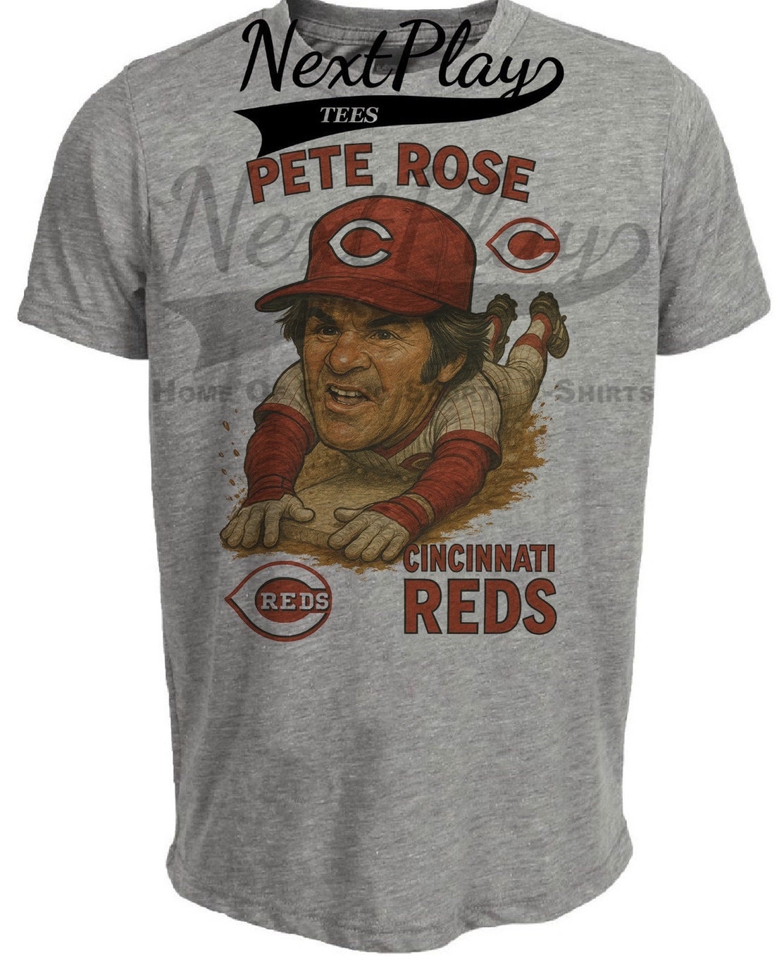 Cincinnati Reds Pete Rose Head First Slide Exclusive Retro Baseball Artwork Heather Gray Sublimated T-Shirt