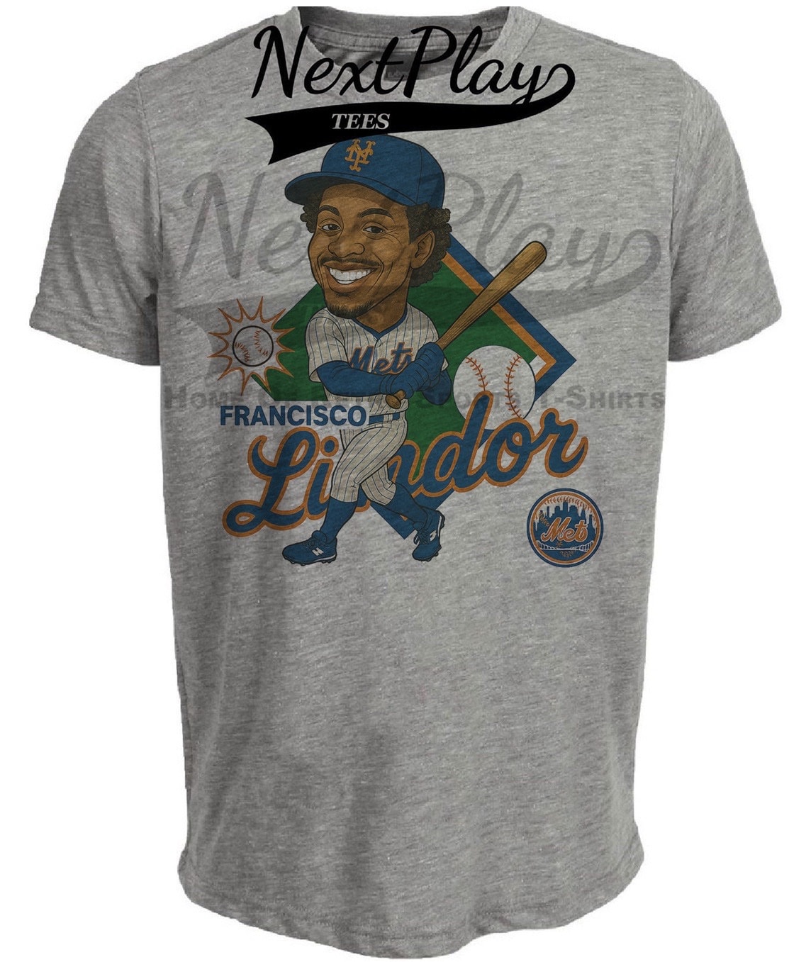 New York Mets Francisco Lindor Exclusive Retro Baseball Caricature Artwork Heather Gray Sublimated T-Shirt