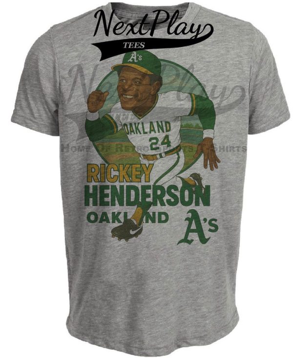 Oakland Athletics Rickey Henderson Exclusive Retro Baseball Skyline 1980 Artwork Heather Gray Sublimated T-Shirt