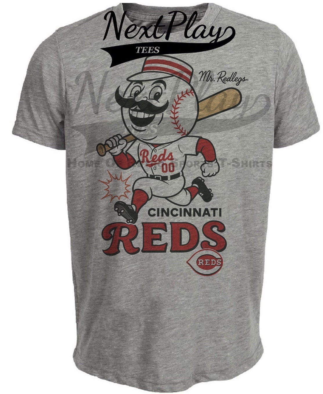 Cincinnati Reds Mr. Redlegs Exclusive Retro Baseball Caricature Artwork Heather Gray Sublimated T-Shirt