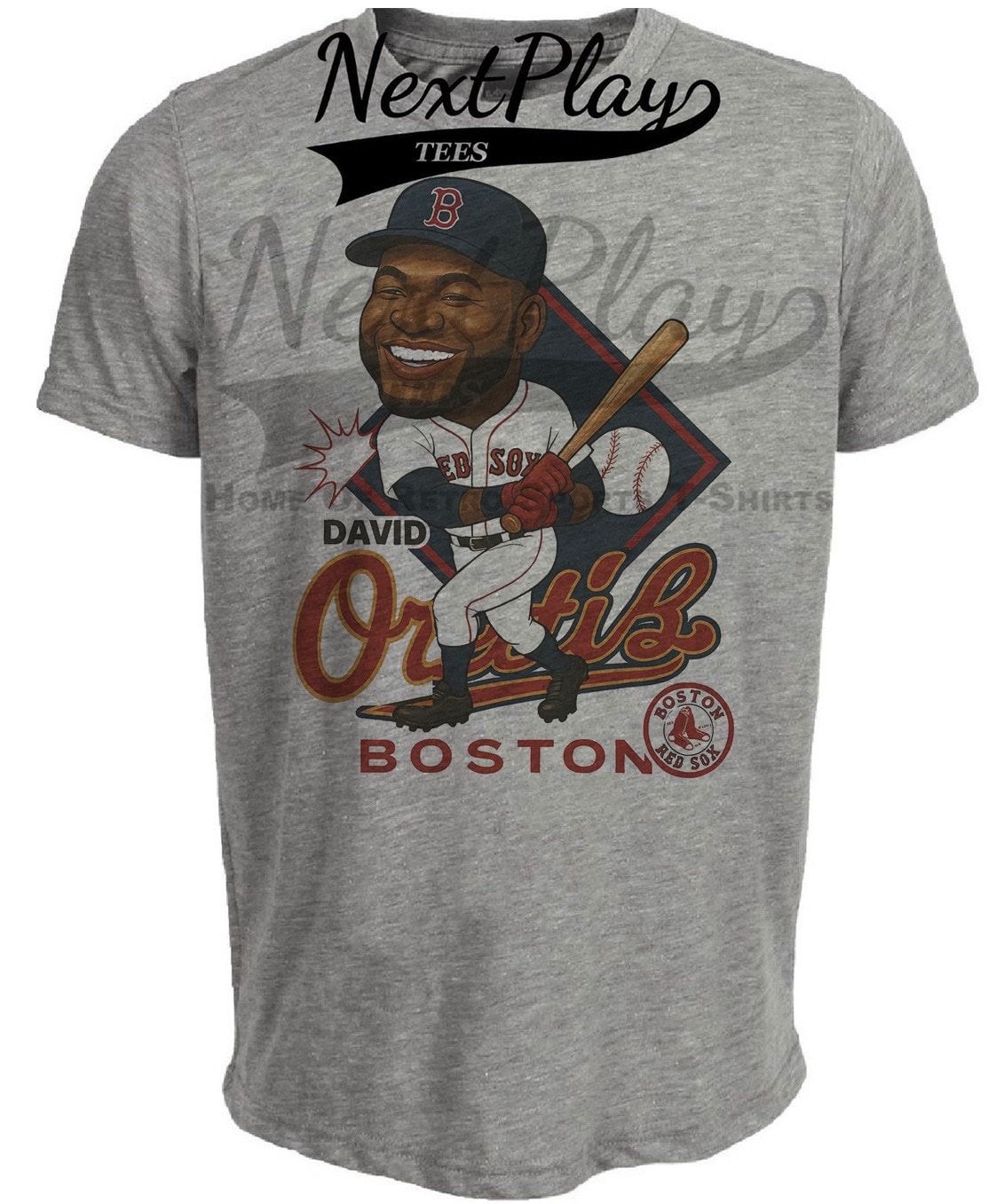Boston Red Sox David Ortiz Exclusive Retro Baseball Caricature Artwork Heather Gray Sublimated T-Shirt