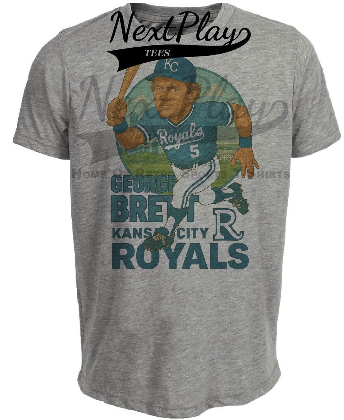 Kansas City Royals George Brett Exclusive Retro Baseball Skyline 1982 Artwork Heather Gray Sublimated T-Shirt
