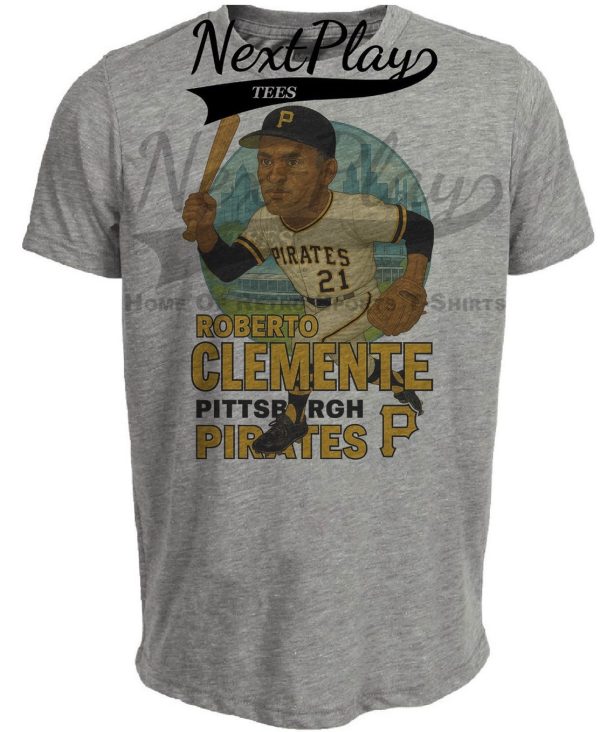 Pittsburgh Pirates Roberto Clemente Exclusive Retro Baseball Skyline 1964 Artwork Heather Gray Sublimated T-Shirt