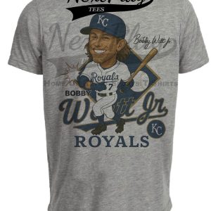 Kansas City Royals Bobby Witt Jr. Exclusive Retro Baseball Caricature Artwork Heather Gray Sublimated T-Shirt