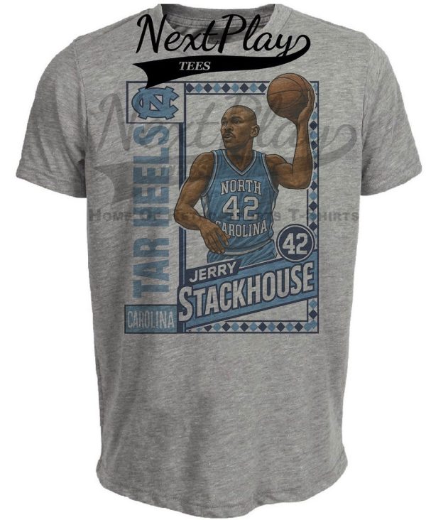 North Carolina Tar Heels Jerry Stackhouse Retro Basketball Artwork Heather Gray Sublimated T-Shirt