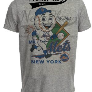 New York Mets Mr. Met Exclusive Retro Baseball Caricature Artwork Heather Gray Sublimated T-Shirt - V Adult XXL