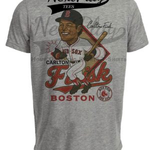 Boston Red Sox Carlton Fisk Exclusive Retro Baseball Caricature 1975 Artwork Heather Gray Sublimated T-Shirt